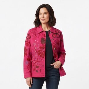 VTG Laura Ashley Petite Med Pink Floral Embroidered Denim Jacket Coat Maximalist
